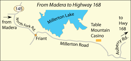 Map showing the the route to Shaver Lake around Friant, CA