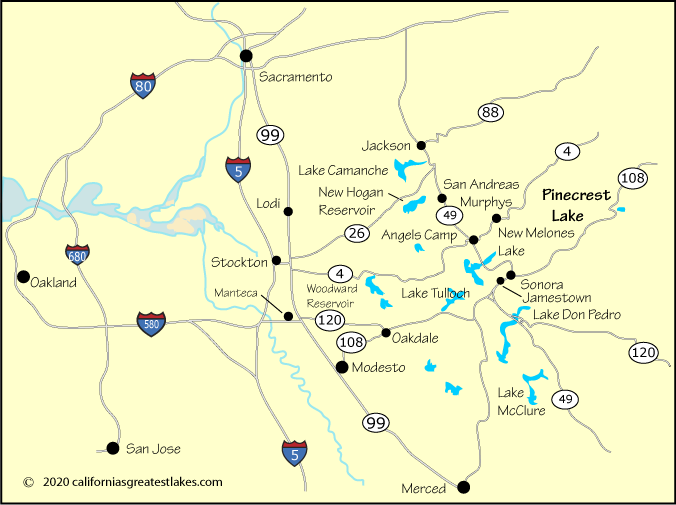 Map showing the greater Pinecrest Lake area, CA